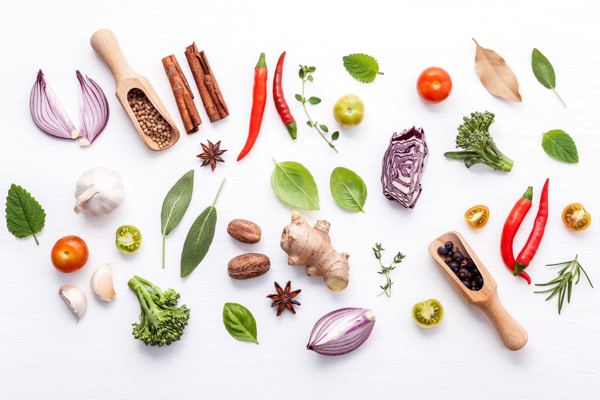 various fresh vegetables herbs white background